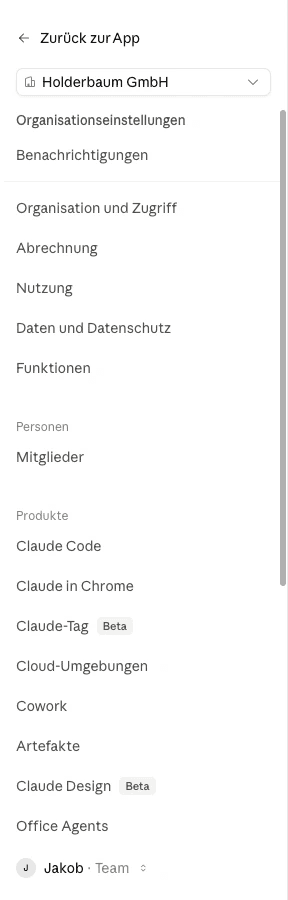 Die Seitenleiste der Organisationseinstellungen mit ihren vier Gruppen