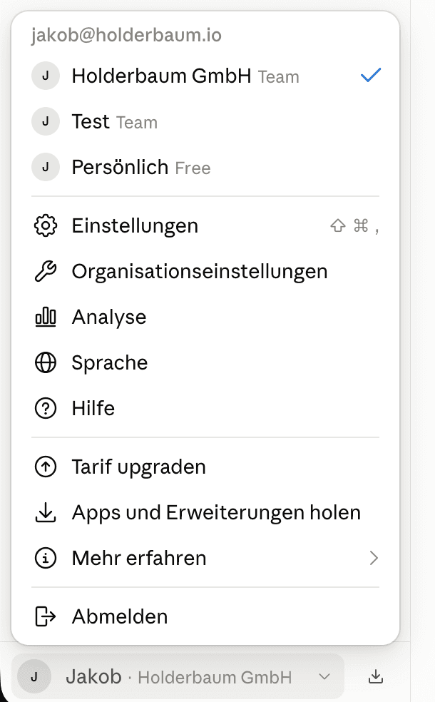 Das Profilmenü mit der Sprachumstellung und dem Einstieg in die Organisationseinstellungen