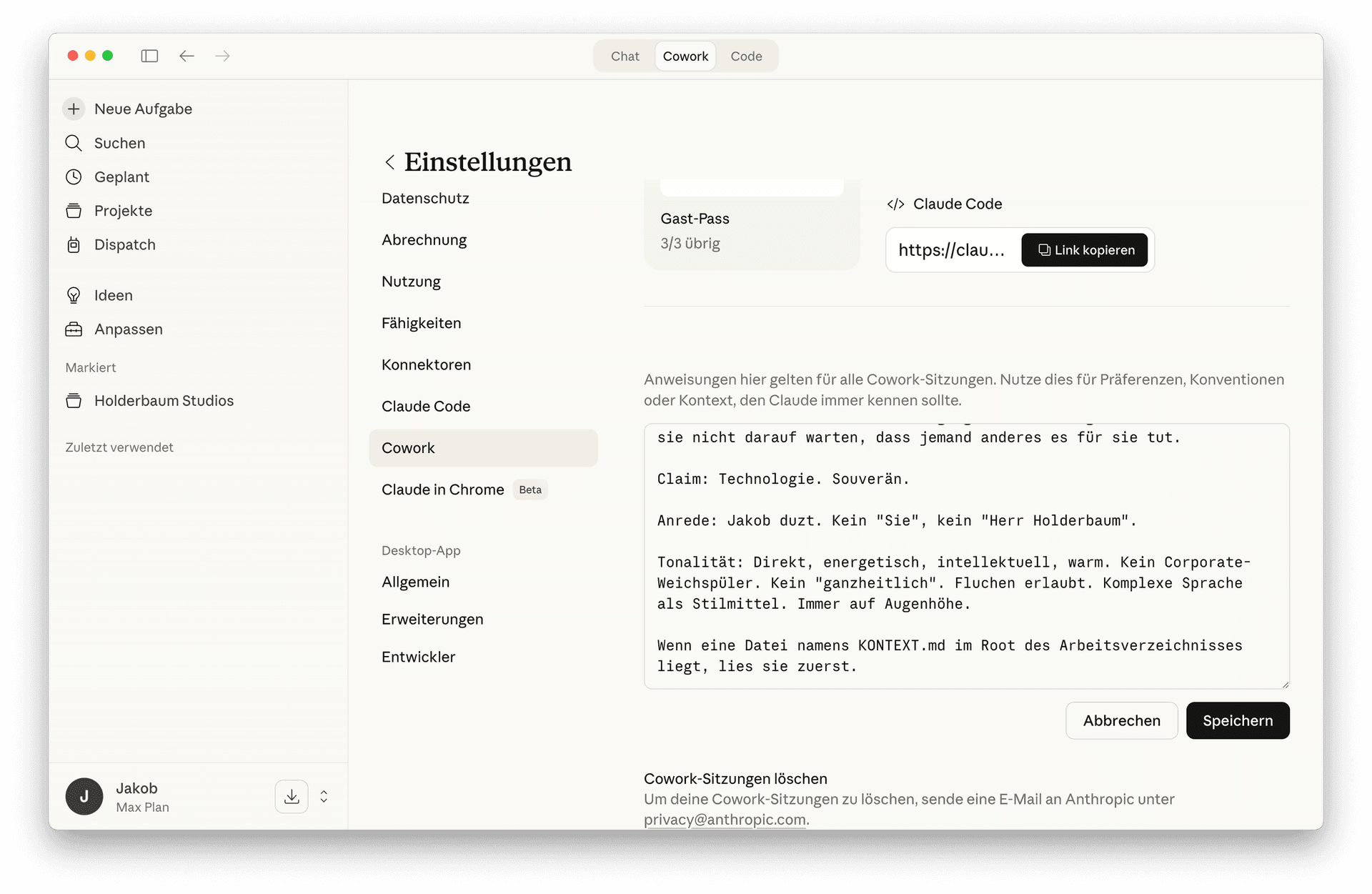 Persönliche Anweisungen in den Cowork-Einstellungen