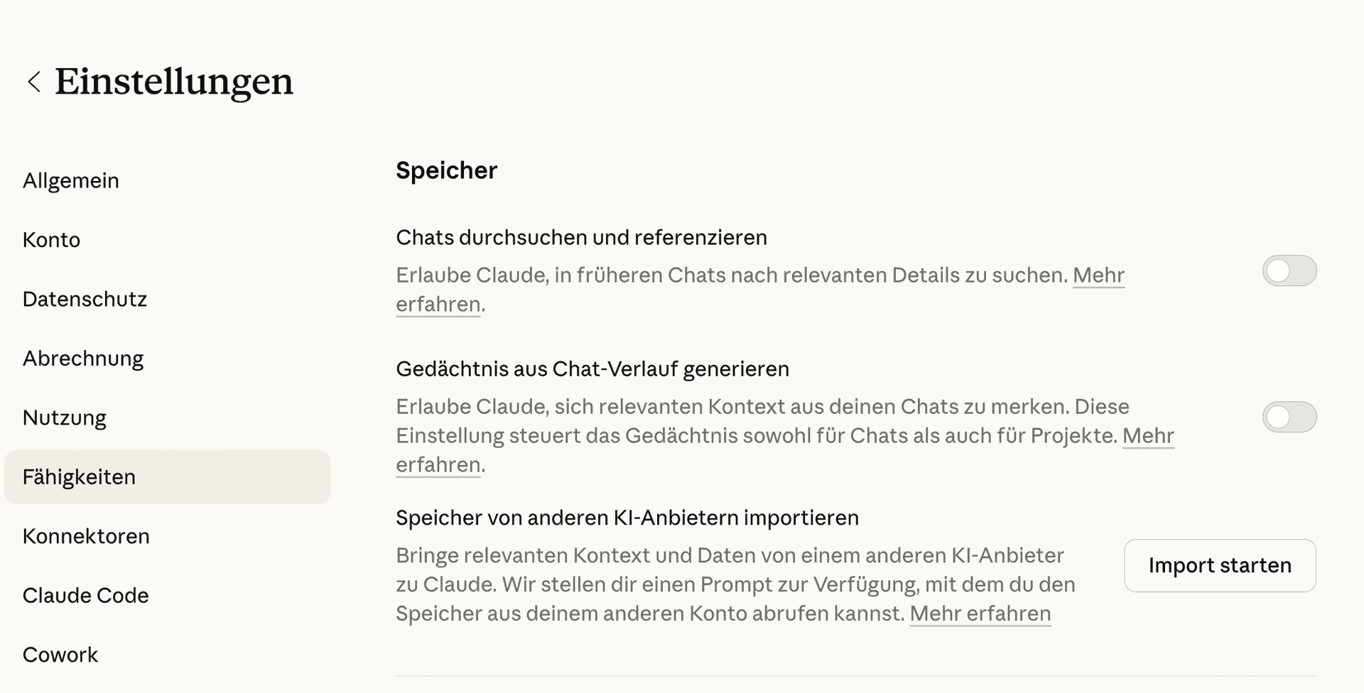 Speicher-Einstellungen in Claude