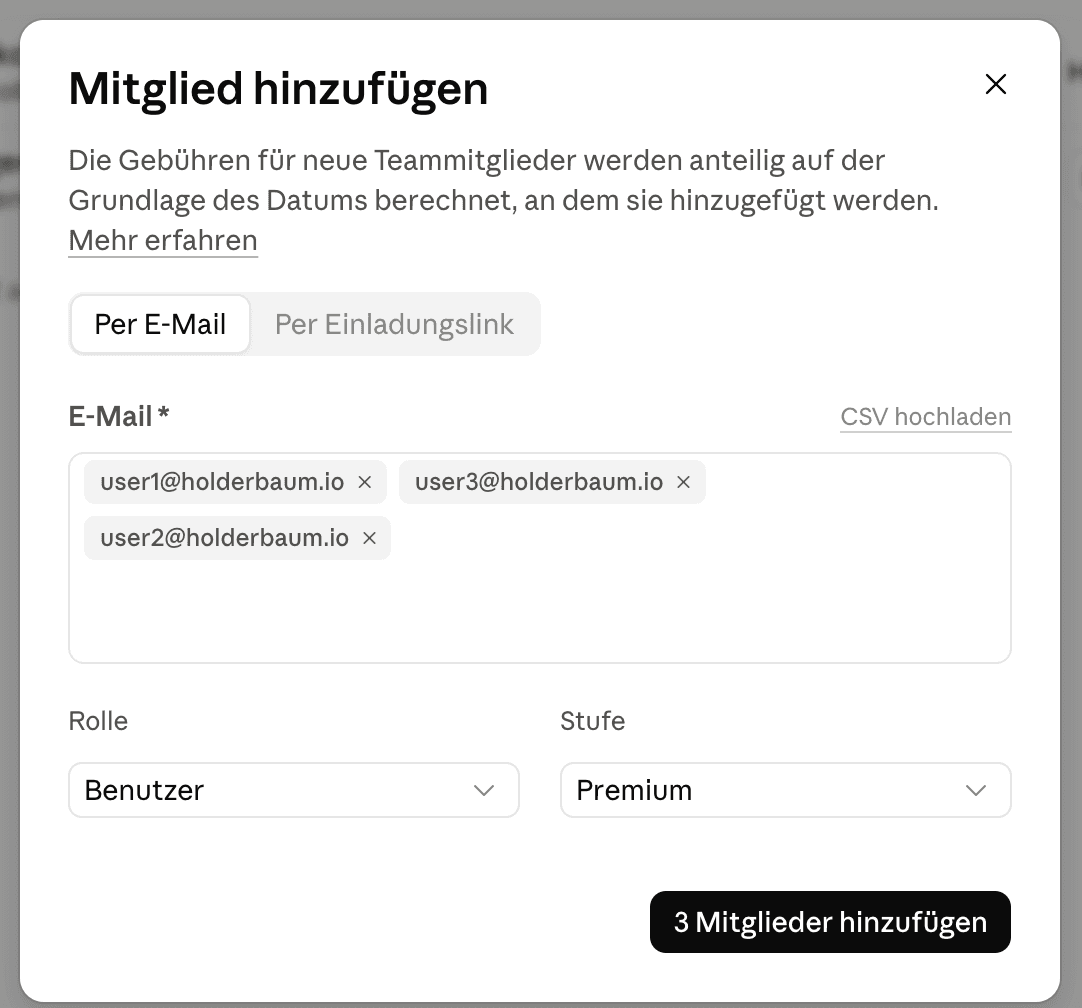 Der Dialog „Mitglied hinzufügen": Adressen, Rolle Benutzer, Stufe Premium