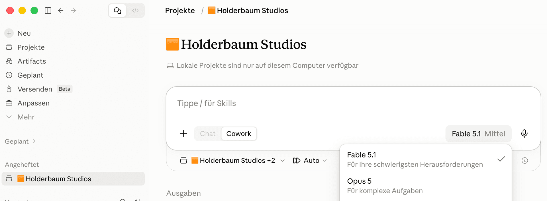 Cowork und die Modellauswahl in der unteren Zeile des Eingabefelds