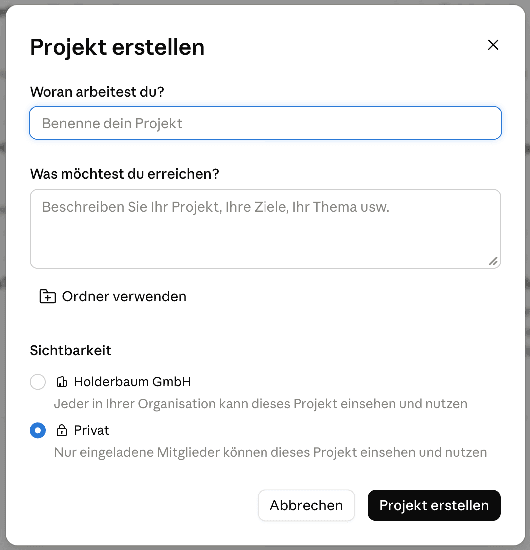 Der Dialog „Projekt erstellen“ mit „Ordner verwenden“