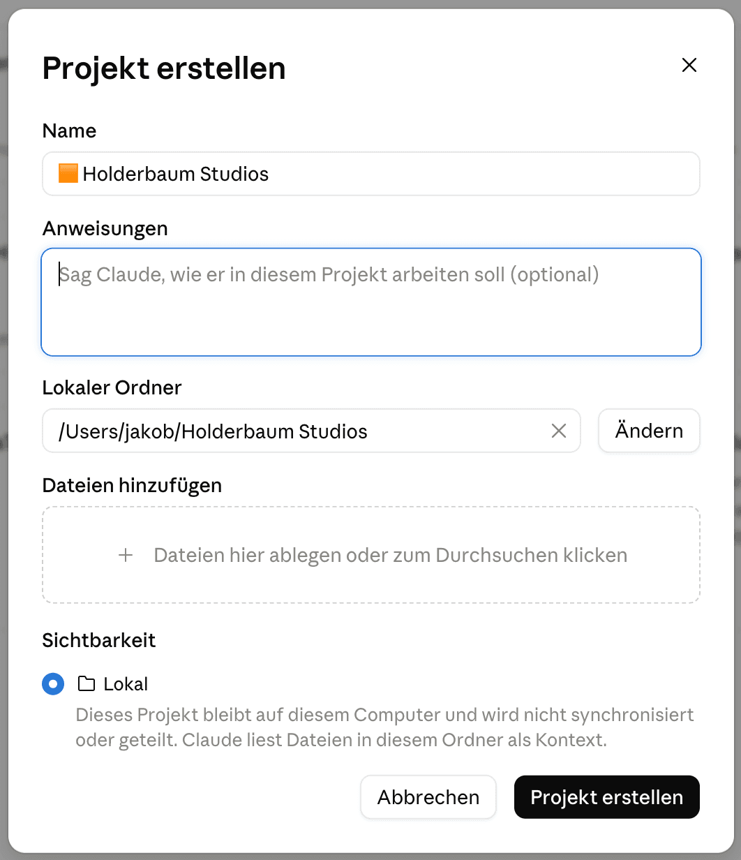 Name, lokaler Ordner und Sichtbarkeit „Lokal“