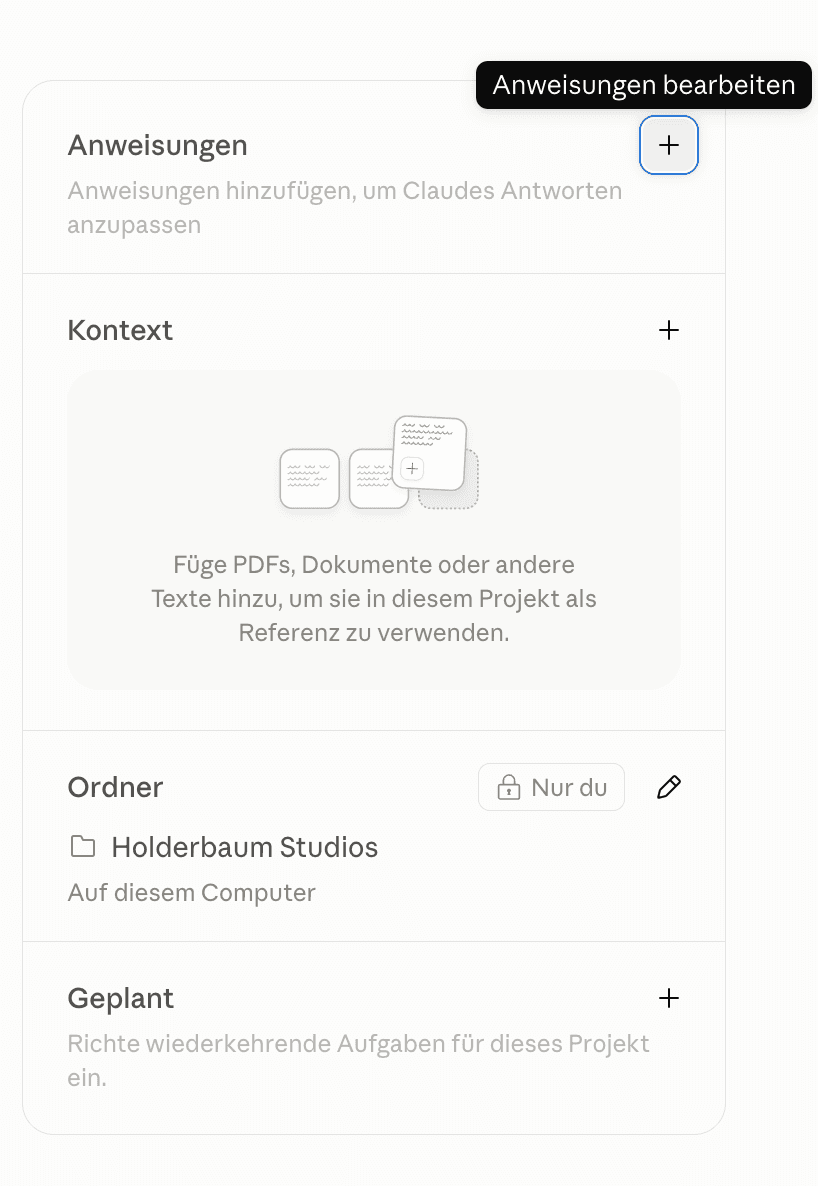 Die Seitenleiste des Projekts: Anweisungen, Kontext, Ordner