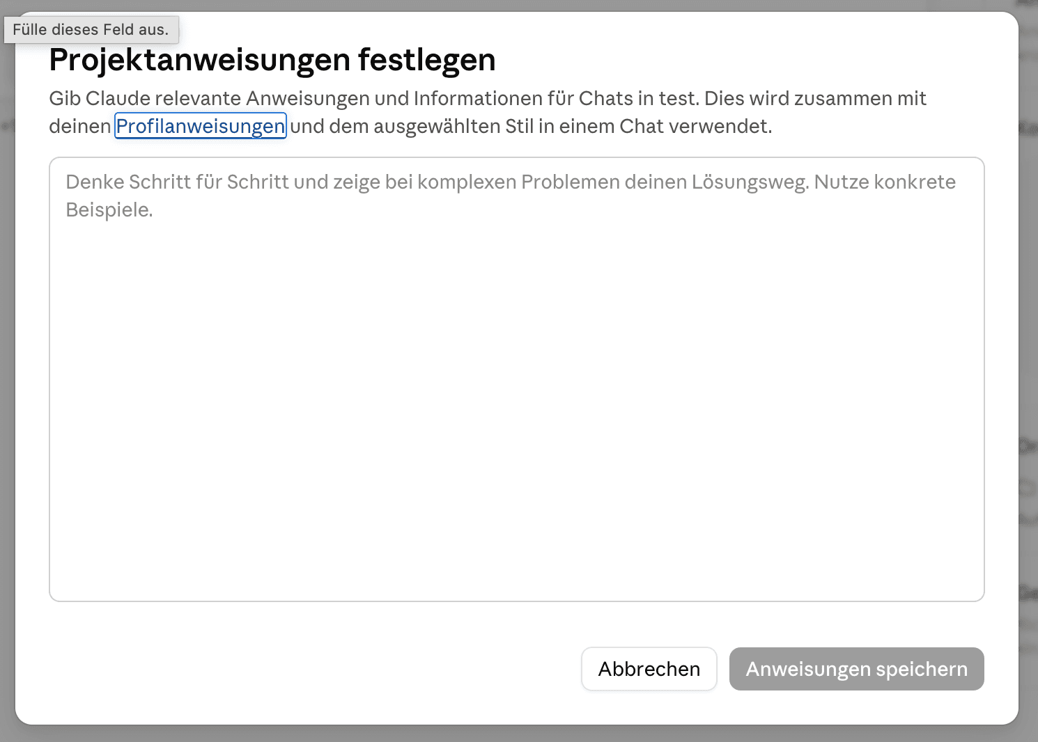 Der Dialog „Projektanweisungen festlegen“