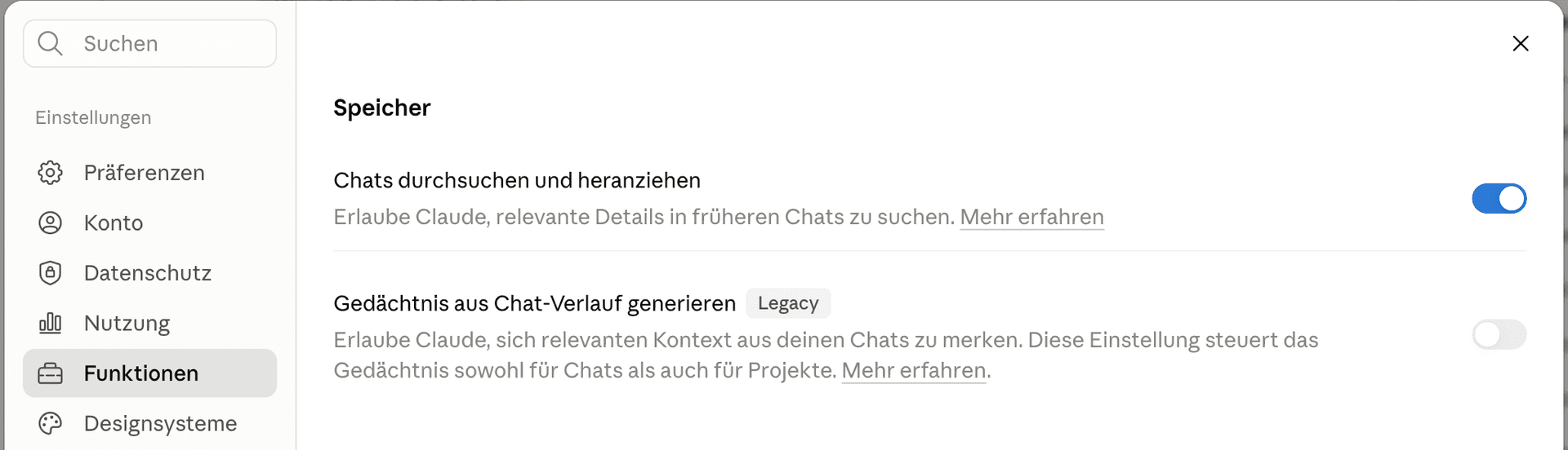 Einstellungen → Funktionen → Speicher