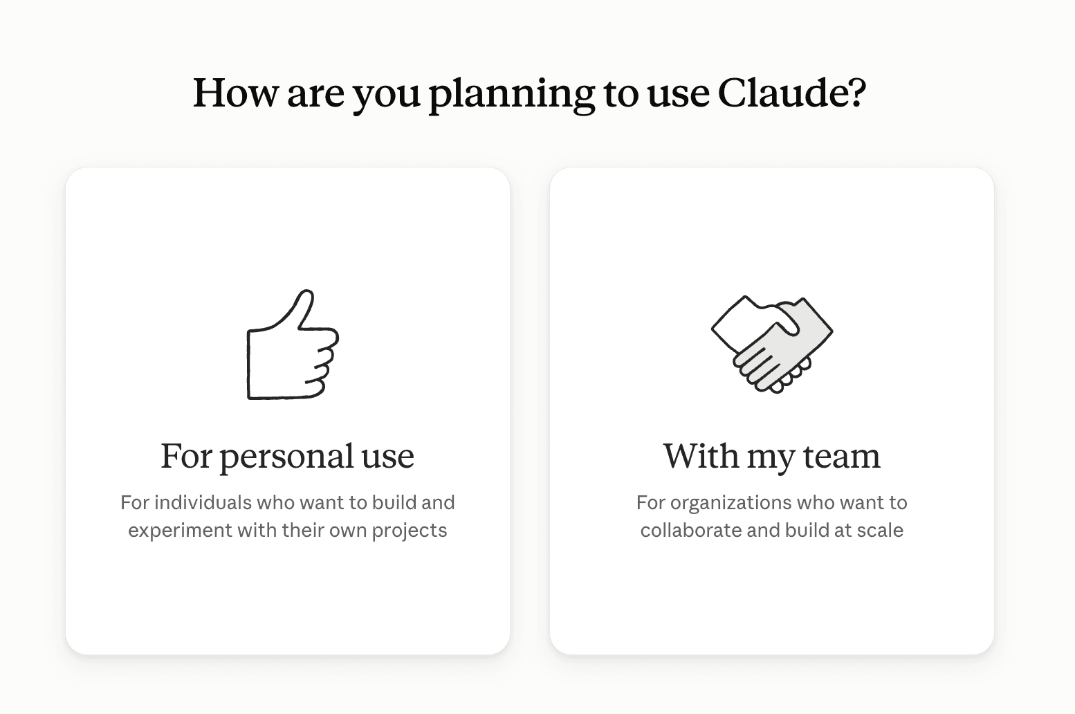 „How are you planning to use Claude?" — links „For personal use", rechts „With my team"
