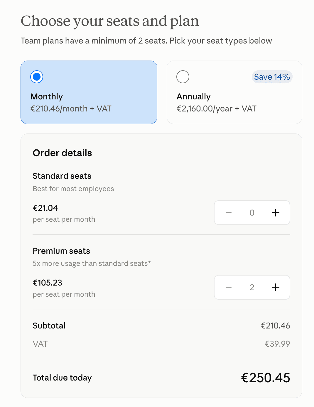 Die Seite „Choose your seats and plan" nach dem Klick auf „Adjust seats": beide Zähler und die Kacheln Monthly/Annually