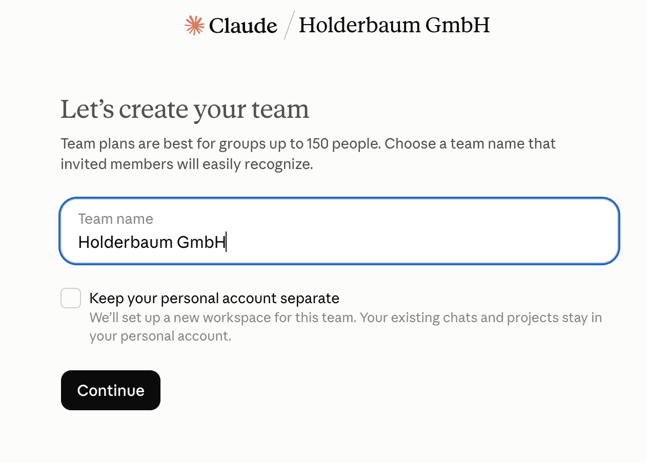 „Let's create your team" mit dem Feld für den Teamnamen